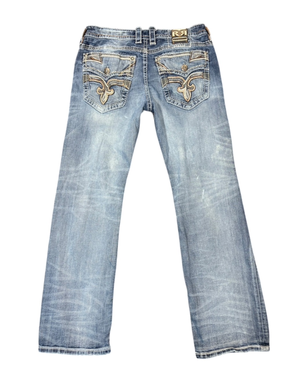 Rock Revival Jeans Sz36 Bootcut Distressed Fleur De Lis Embroidered Thick Stitch - Picture 4 of 16